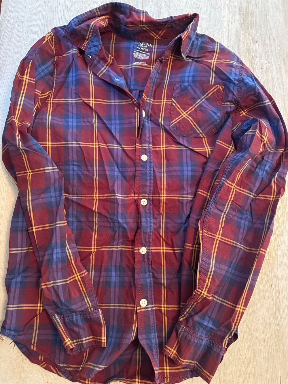 Arizona Jean Company Burgundy, Navy & Yellow Plaid Button-Down Shirt